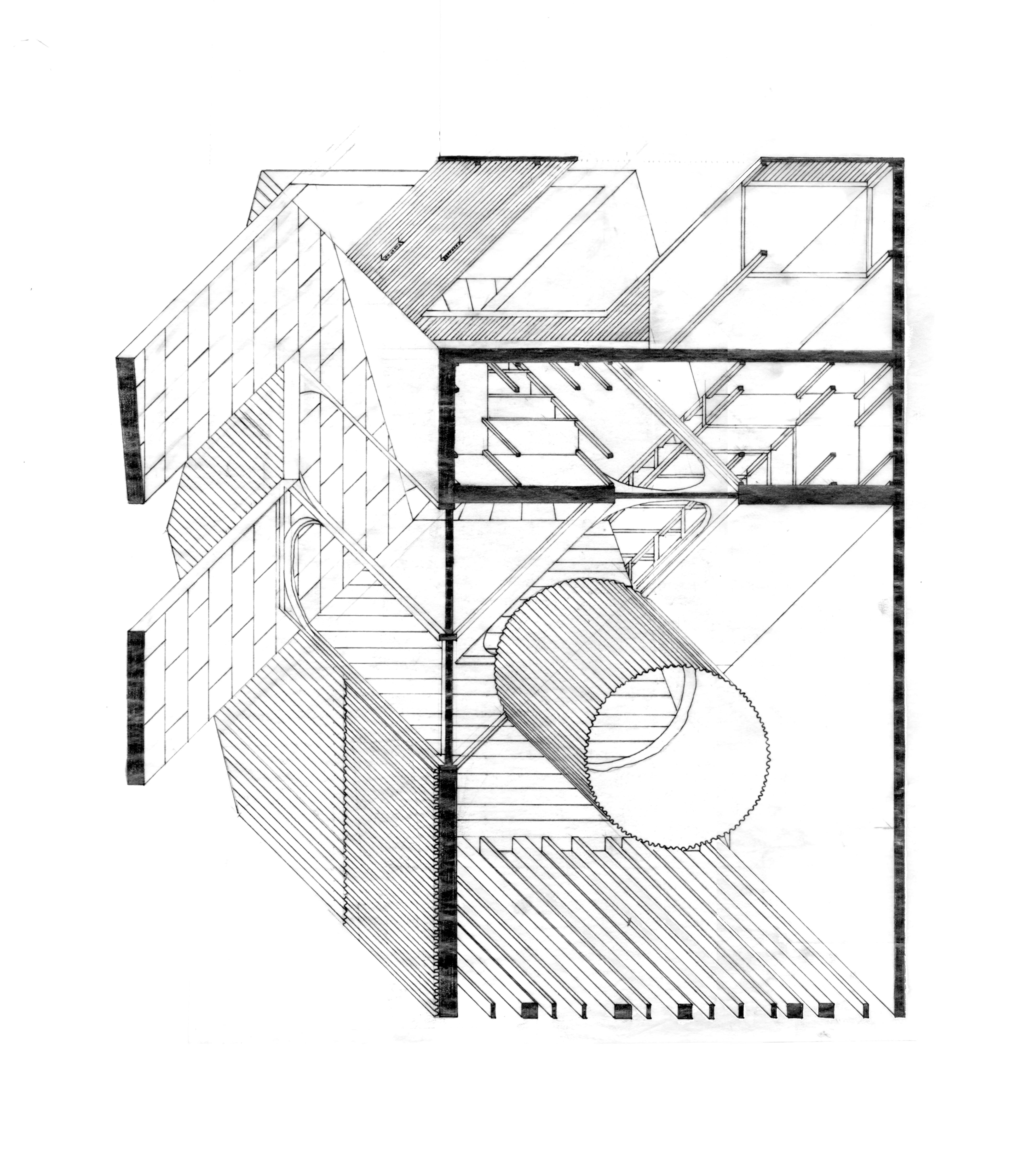 A pen and pencil drawing on trace paper of a bathing space. An architectural drawing in which rooms are careening into each other in an abstract nonsensical way.